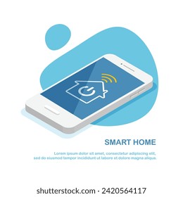Smart home control by smartphone. Wireless wi-fi connection and house technology. Electronics device. Vector isometric illustration in a trendy flat style. Mock up poster.