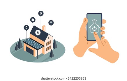 Smart home control by smartphone. Wireless wi fi connection and house technology. Mobile phone connections with home electronics devices. User is holding phone and touching a button. Vector.