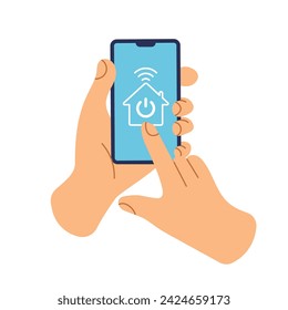 Control de casa inteligente por smartphone. Conexión wi-fi inalámbrica y tecnología de la casa. Conexiones de telefonía móvil con dispositivos electrónicos domésticos. El usuario está sosteniendo el teléfono y tocando un botón. Vector.