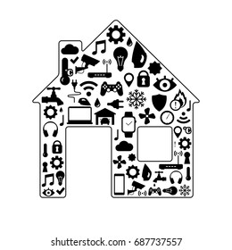 Smart home control concept. Black and white silhouette of smart house. Vector illustration in flat style.