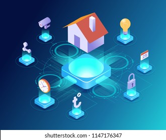Concepto de control doméstico inteligente. Infografía de casa inteligente. Concepto hogar con sistema tecnológico. Ilustración vectorial isométrica 3d.