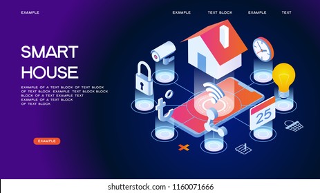 Smart home control concept. Smart house infographic. Concept home with technology system. 3d isometric vector illustration.