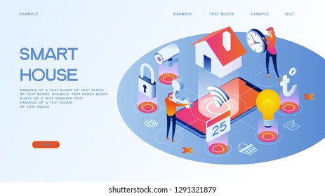 Smart home control concept. Smart house infographic. Concept home with technology system. 3d isometric vector illustration.