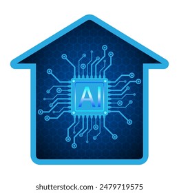 Smart home control concept. House with computer chip, iot chip and network cpu, remote home security. Wi-Fi internet control connected to modern house with Artificial Intelligence.