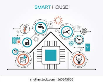 Smart home control concept. Smart house infographic. Concept home with technology system. Flat design style vector illustration. The file is saved in the version 10 EPS. 