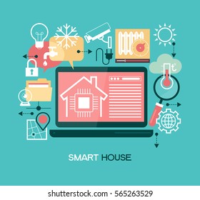 Smart home control concept. Smart house infographic. Concept home with technology system. Flat design style vector illustration. The file is saved in the version 10 EPS. 