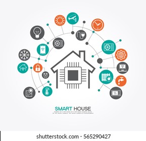 Smart home control concept. Smart house infographic. Concept home with technology system. Flat design style vector illustration. The file is saved in the version 10 EPS. 