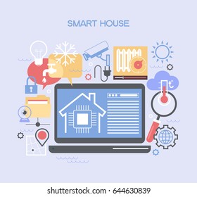 Intelligentes Heimsteuerkonzept. Infografik von Smart House. Konzept zu Hause mit Technologie-System. Flaches Design, Vektorgrafik. Die Datei wird in der Version AI10 EPS gespeichert. 