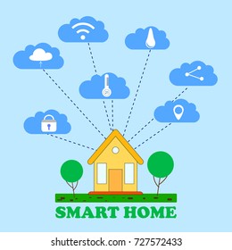 Smart home control concept. Smart house technology system with centralized control of lighting, heating, security and etc. Flat vector Illustration