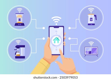 Concepto de control de hogar inteligente con teléfono. Ilustración vectorial