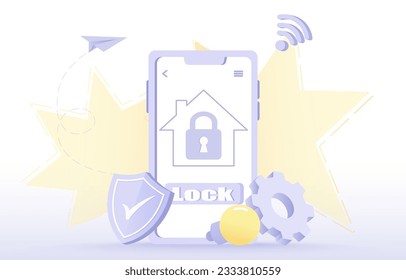 Smart home control concept. Home security application on mobile phone. Safety of private property and modern technology. Flat vector design illustration.