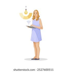 Smart home control concept with a woman using a tablet. Vector illustration