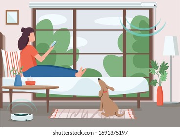Smart home control flat color vector illustration. Girl controlling automated jalousie and vacuum cleaner. Internet of things. Woman with smartphone 2D cartoon character with bedroom on background