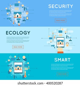 Smart home Control of the house with the tablet. Flat design vector illustration. 3 banners.