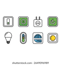 Smart Home Control Icons Modern Flat Design Energy Efficiency Symbols Light Switch Power Outlet Thermostat LED Bulb Graphics