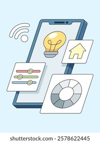 Smart Home Control Illustration: A colorful isometric illustration depicting a smartphone as the central hub for smart home control, with icons representing  lightbulb, home automation, settings.