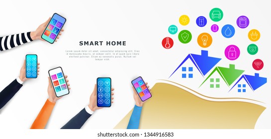 Smart home control infographics. Horizontal banner with realistic hands holding smartphones with mobile app for home automation. Internet of things technology concept. Vector illustration