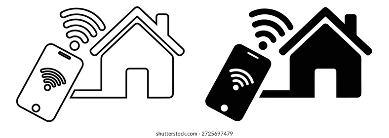 Control inteligente del hogar con dispositivos móviles y conectividad WiFi, conjunto de iconos de hogar inteligente para todos los dispositivos en el símbolo de línea de Vector de la casa