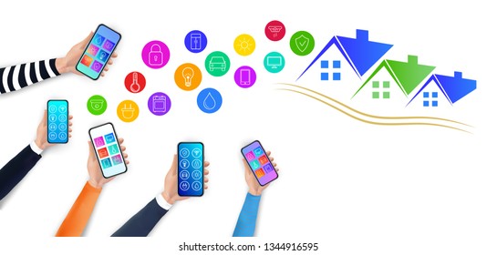 Smart home control. Realistic hands holding smartphone with mobile app for home automation system. Modern house management technology infographics with icons and copy space. Vector illustration