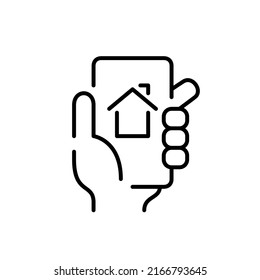 Aplicación inteligente para smartphone con control residencial. Icono de línea de trazo de píxeles perfecto, modificable
