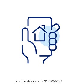 Aplicación inteligente para smartphone con control residencial. Icono de línea de dibujo de píxeles perfecto, modificable