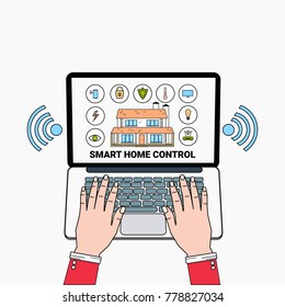 Smart Home Control System Application On Laptop Computer House Technology Of Automation Concept Vector Illustration