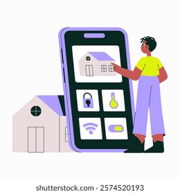Smart Home Control System On Smartphone With Male User In Flat Vector Illustration Symbolizing Home Automation, Security, And Technology, Isolated On White Background.