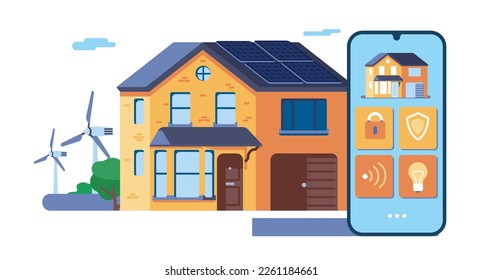 Intelligentes Heimsteuerungssystem. Telefonische Anwendung. Überwachung des Wireless-Hauses. Moderne Technik. Sicherheitsmanagement. Wohngebäude mit Solarzellen und Windmühlen