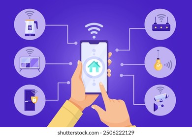 Sistema de control inteligente para el hogar con icono de teléfono inteligente. Ilustración vectorial
