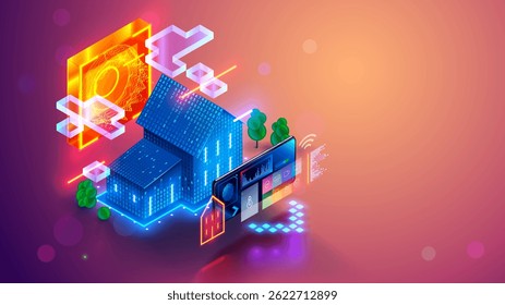 Smart home controlled phone. Internet of things technology of smart home automation system. Small digital 3d house standing next of screen phone with wireless connections with icons home devices. iot.