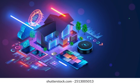 Telefone ou alto-falante inteligente controlado por casa. Tecnologia doméstica inteligente de sistema de automação residencial. Casa em pé ao redor do telefone, alto-falante inteligente, dispositivos de conexões sem fio. IOT Controle de voz da casa de IA.