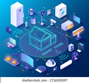 Smart home controlled from smartphone, 3D icons vector. Internet technology and home automation system. Wireless connection, house electronics devices and appliances remote control, isometric