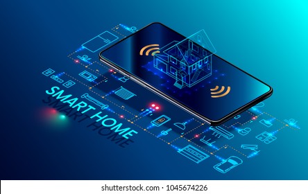 Smart home controlled smartphone. Internet of things technology of home automation system. Small house standing on screen mobile phone and wireless connections with icons home electronics devices. iot