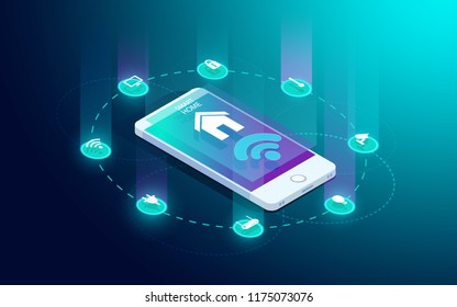 Smart home controlled smartphone. Internet of things technology of home automation system. Small house standing on screen mobile phone and wireless connections with icons home electronics devices. iot