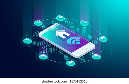 Smart home controlled smartphone. Internet of things technology of home automation system. Small house standing on screen mobile phone and wireless connections with icons home electronics devices. iot