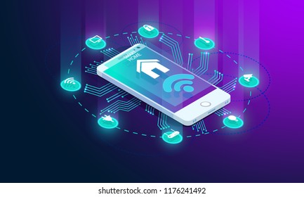 Smart home controlled smartphone. Internet of things technology of home automation system. Small house standing on screen mobile phone and wireless connections with icons home electronics devices. iot