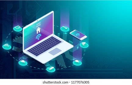 Smart home controlled smartphone. Internet of things technology of home automation system. Small house standing on screen mobile phone and wireless connections with icons home electronics devices. iot