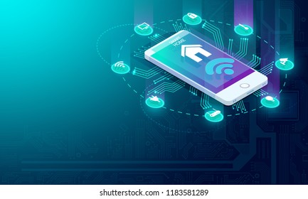 Smart home controlled smartphone. Internet of things technology of home automation system. Small house standing on screen mobile phone and wireless connections with icons home electronics devices. iot