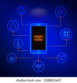 Smart home controlled smartphone. Internet technology of home automation system. Mobile phone and wireless connections with icons home electronics devices. Remote control on  vector illustration. iot.