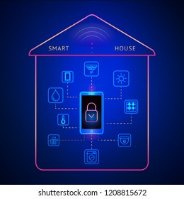 Smart home controlled smartphone. Internet technology of home automation system. Mobile phone and wireless connections with icons home electronics devices. Remote control on  vector illustration. iot.