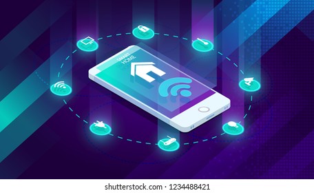 Smart home controlled smartphone. Internet of things technology of home automation system. Small house standing on screen mobile phone and wireless connections with icons home electronics devices. iot