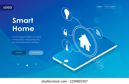 Smart home controlled smartphone. Internet of things technology of home automation system. Small house  connections with icons home electronics devices. iot