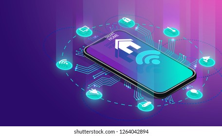 Smart home controlled smartphone. Internet of things technology of home automation system. Small house standing on screen mobile phone and wireless connections with icons home electronics devices. iot