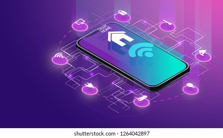 Smart home controlled smartphone. Internet of things technology of home automation system. Small house standing on screen mobile phone and wireless connections with icons home electronics devices. iot