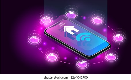 Smart home controlled smartphone. Internet of things technology of home automation system. Small house standing on screen mobile phone and wireless connections with icons home electronics devices. iot