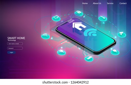 Smart home controlled smartphone. Internet of things technology of home automation system. Small house standing on screen mobile phone and wireless connections with icons home electronics devices. iot