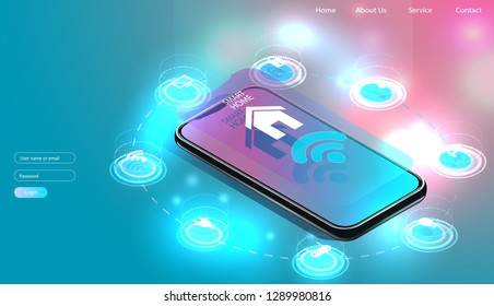 Teléfono inteligente controlado en casa. Internet de cosas tecnología del sistema de domótica. Pequeña casa en pantalla teléfono móvil y conexiones inalámbricas con iconos dispositivos electrónicos domésticos. no hacer nada