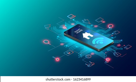 Smart home controlled smartphone. Internet of things technology of home automation system. Small house standing on screen mobile phone and wireless connections with icons home electronics devices. iot