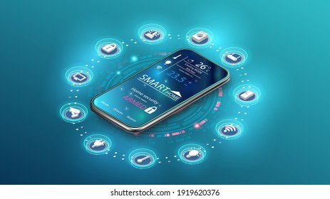 Smart home controlled smartphone. Internet of things technology of home automation system. Small house standing on screen mobile phone and wireless connections with icons home electronics devices. iot