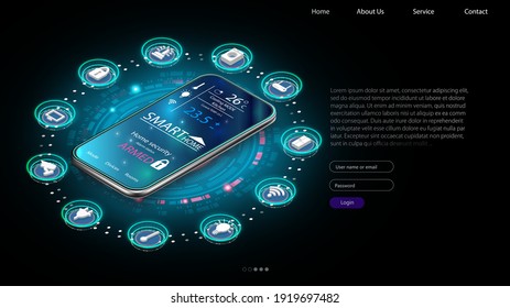 Smart home controlled smartphone. Internet of things technology of home automation system. Small house standing on screen mobile phone and wireless connections with icons home electronics devices. iot